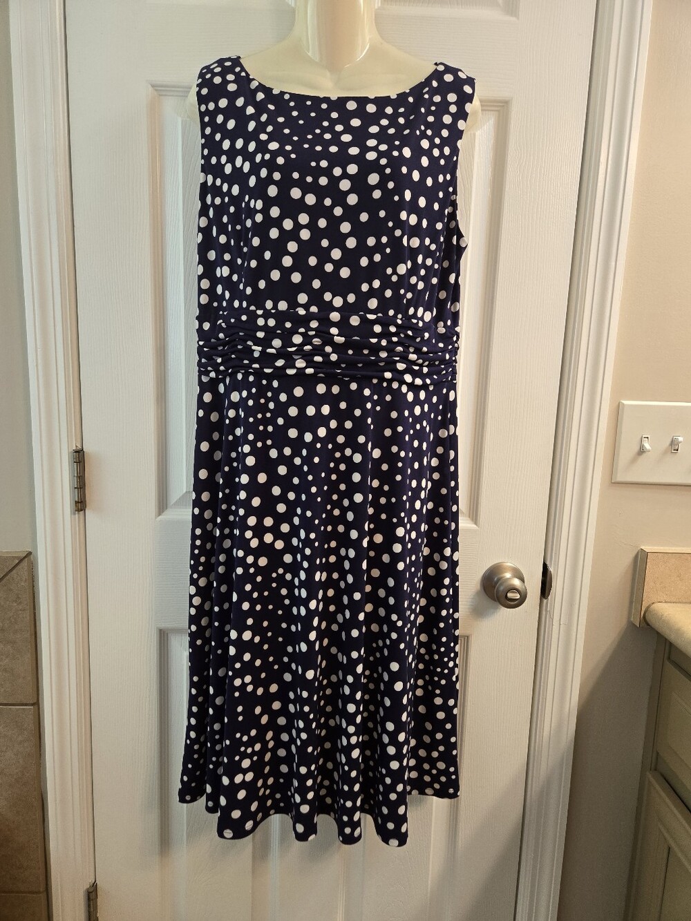 Dress Barn Navy White Polka Dot Sleeveless Midi Dress Ruched Waist